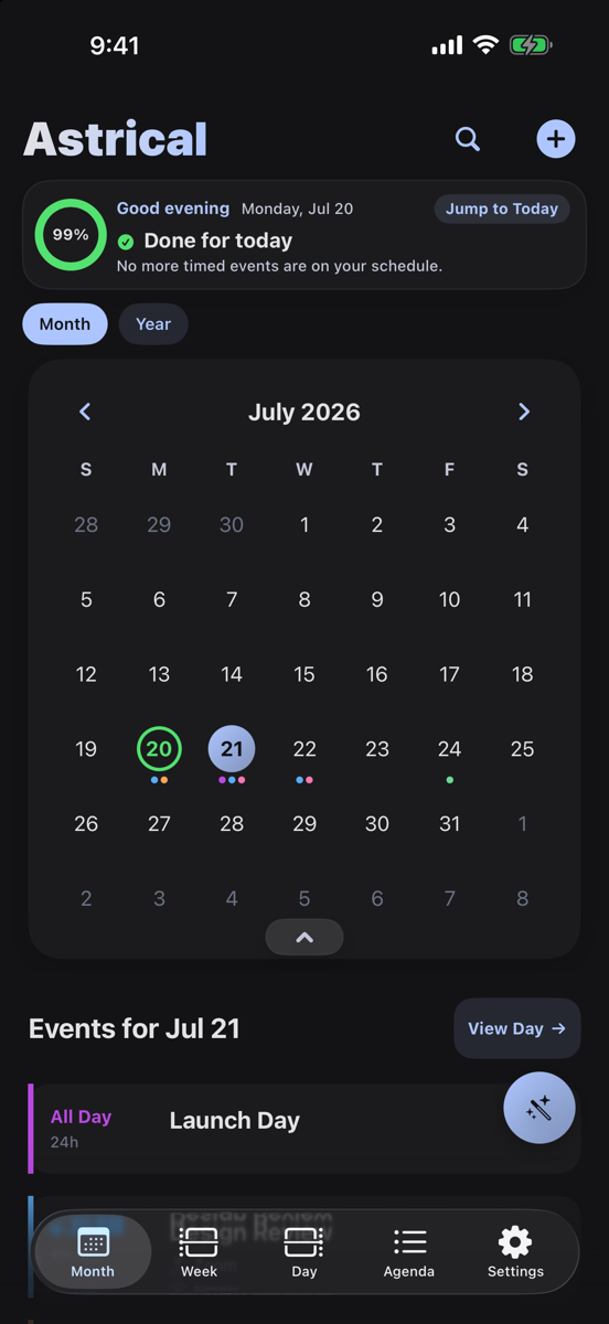 Astrical month view showing a clear July schedule